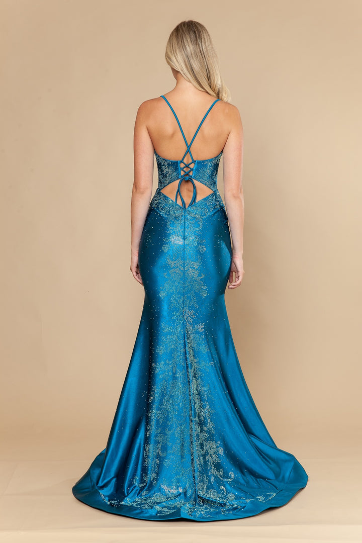 Beaded Satin Fitted V-Neck Gown by Poly USA 25128