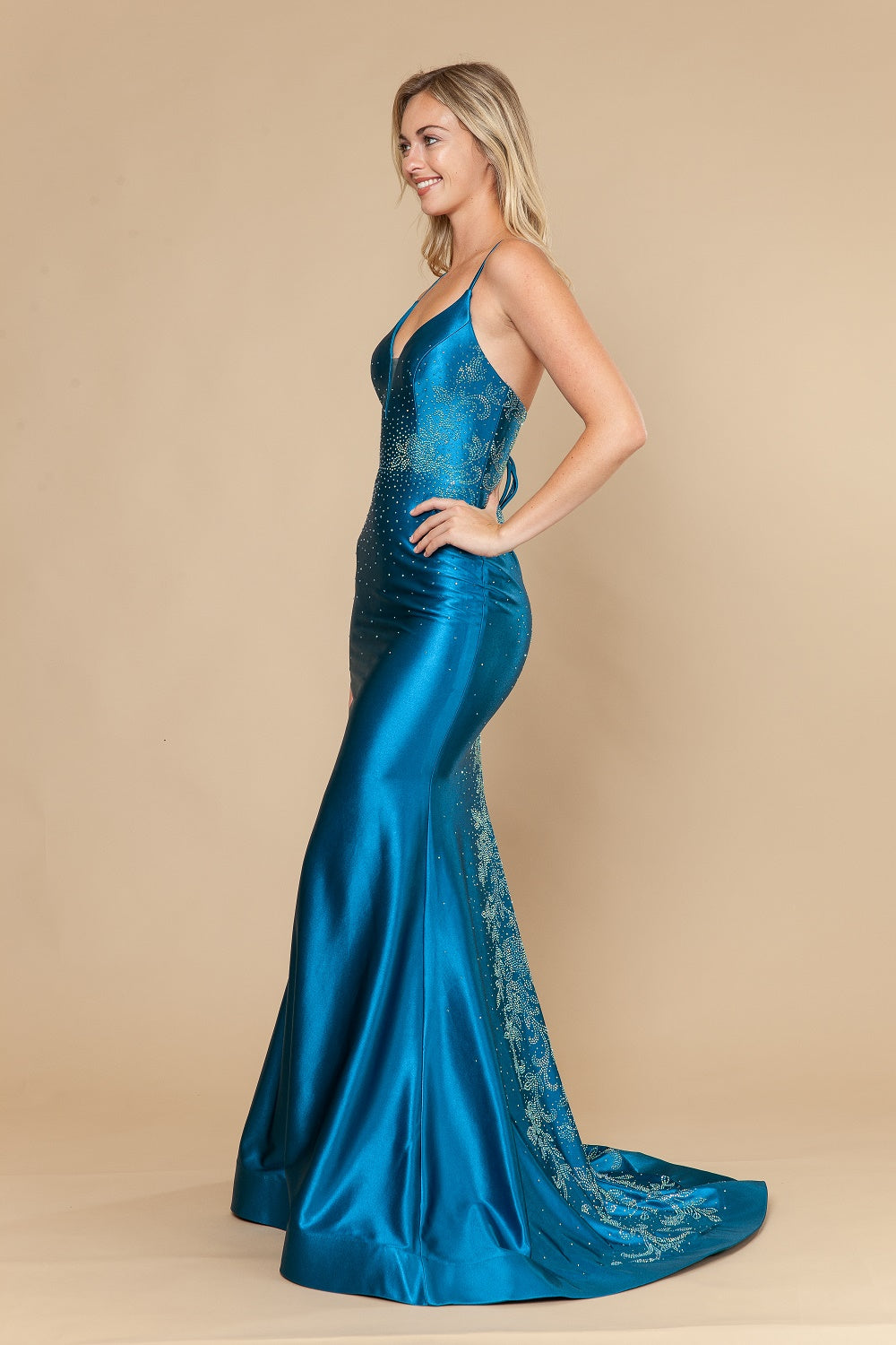 Beaded Satin Fitted V-Neck Gown by Poly USA 25128