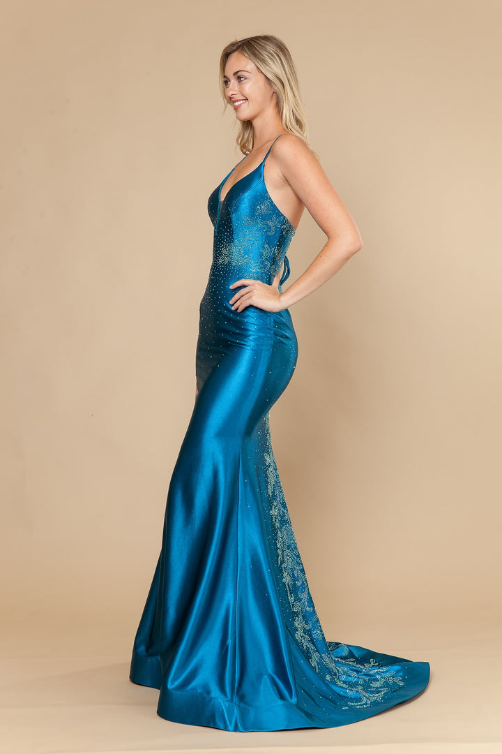 Beaded Satin Fitted V-Neck Gown by Poly USA 25128