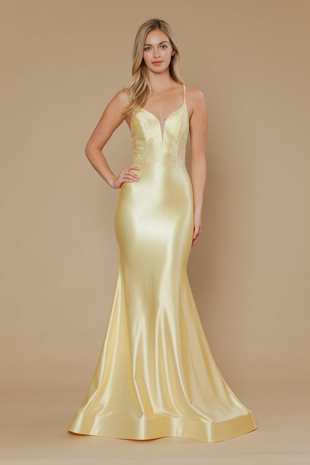 Beaded Satin Fitted V-Neck Gown by Poly USA 25128