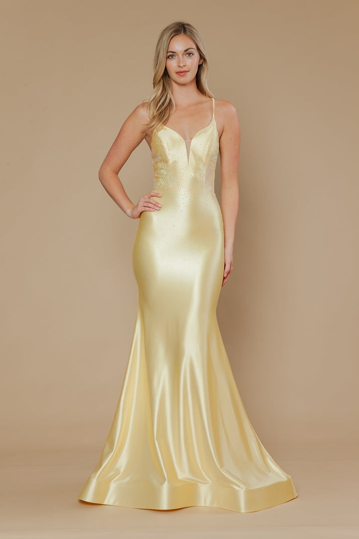 Beaded Satin Fitted V-Neck Gown by Poly USA 25128