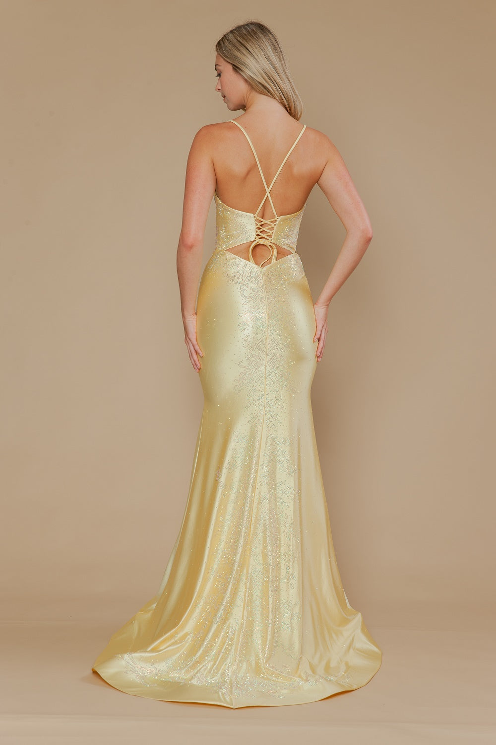 Beaded Satin Fitted V-Neck Gown by Poly USA 25128