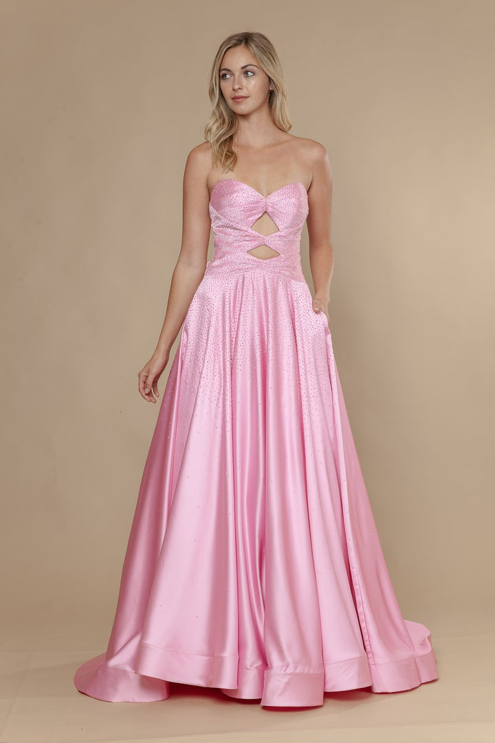 Beaded Satin Strapless A-line Gown by Poly USA 25130
