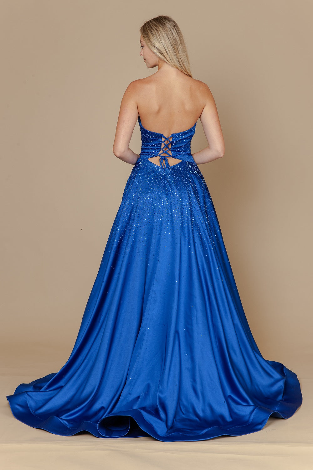 Beaded Satin Strapless A-line Gown by Poly USA 25130