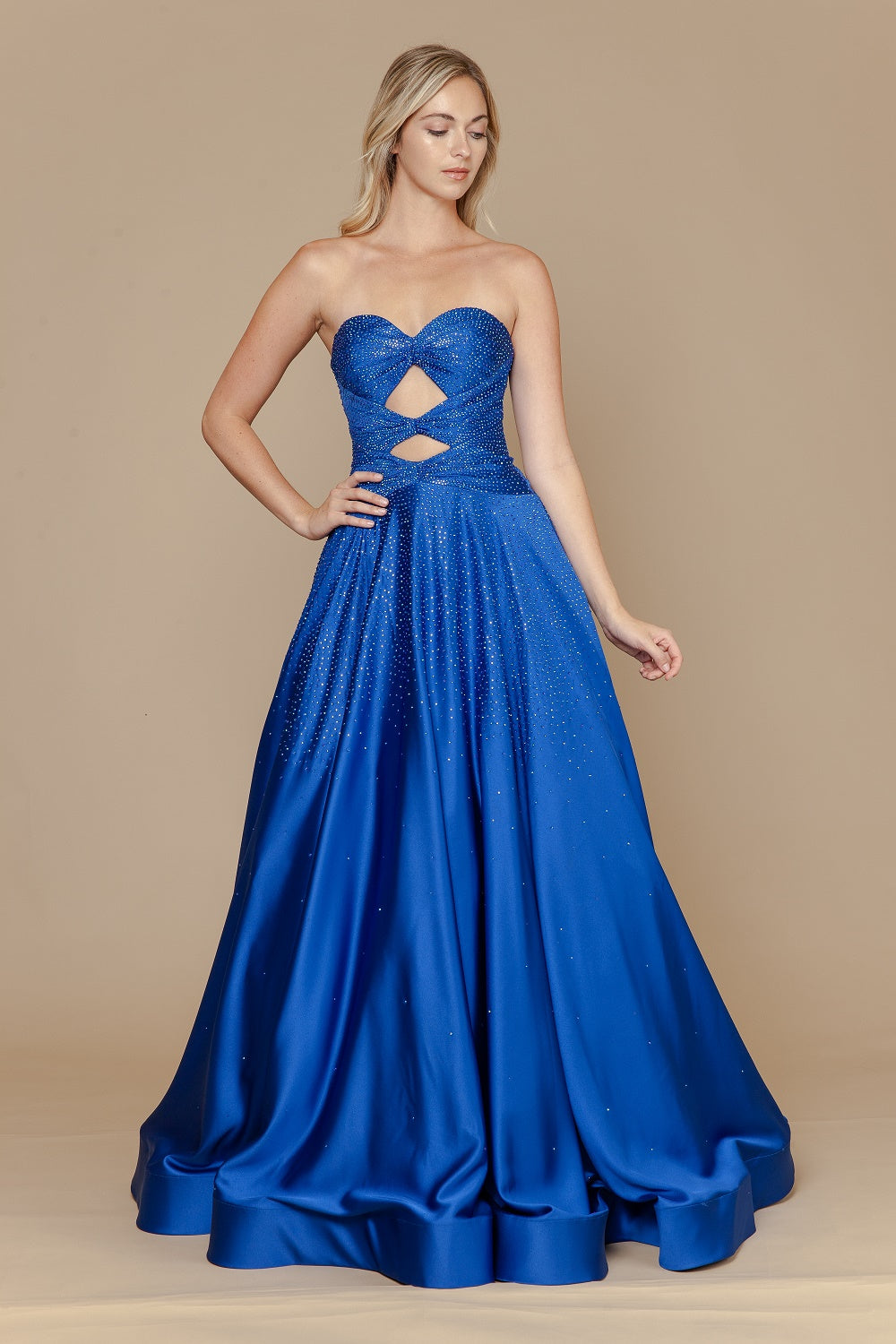 Beaded Satin Strapless A-line Gown by Poly USA 25130