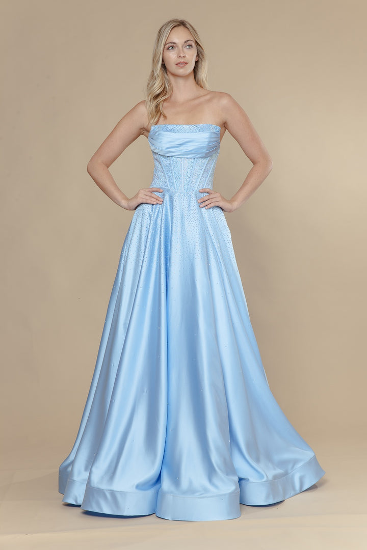 Beaded Satin Strapless A-line Gown by Poly USA 25132