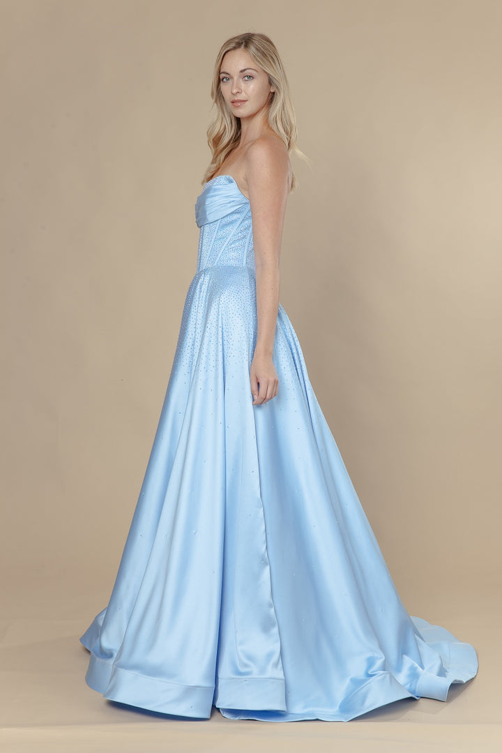 Beaded Satin Strapless A-line Gown by Poly USA 25132