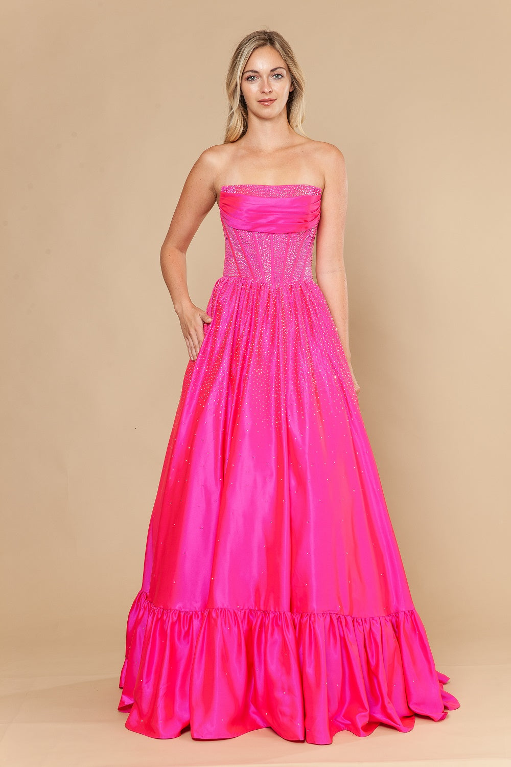 Beaded Satin Strapless A-line Gown by Poly USA 25134
