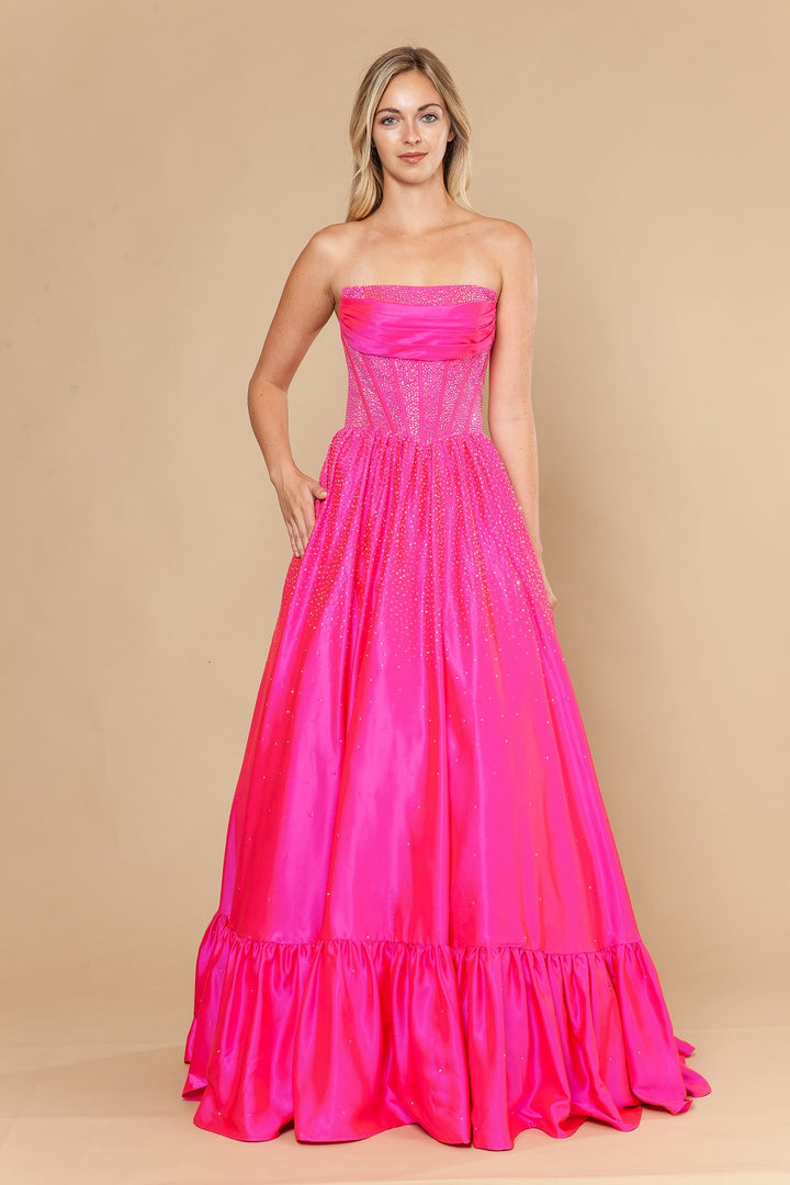 Beaded Satin Strapless A-line Gown by Poly USA 25134