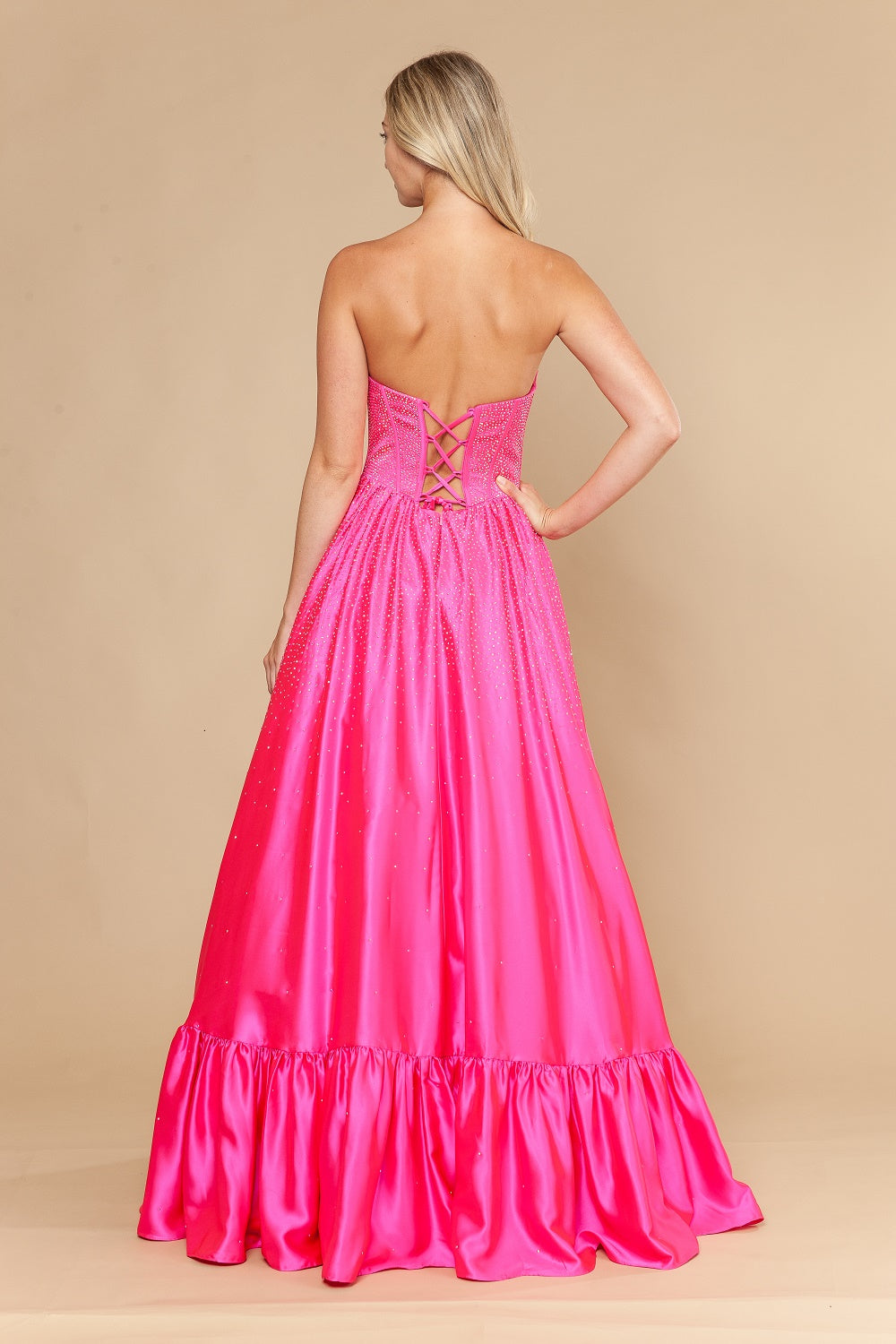 Beaded Satin Strapless A-line Gown by Poly USA 25134