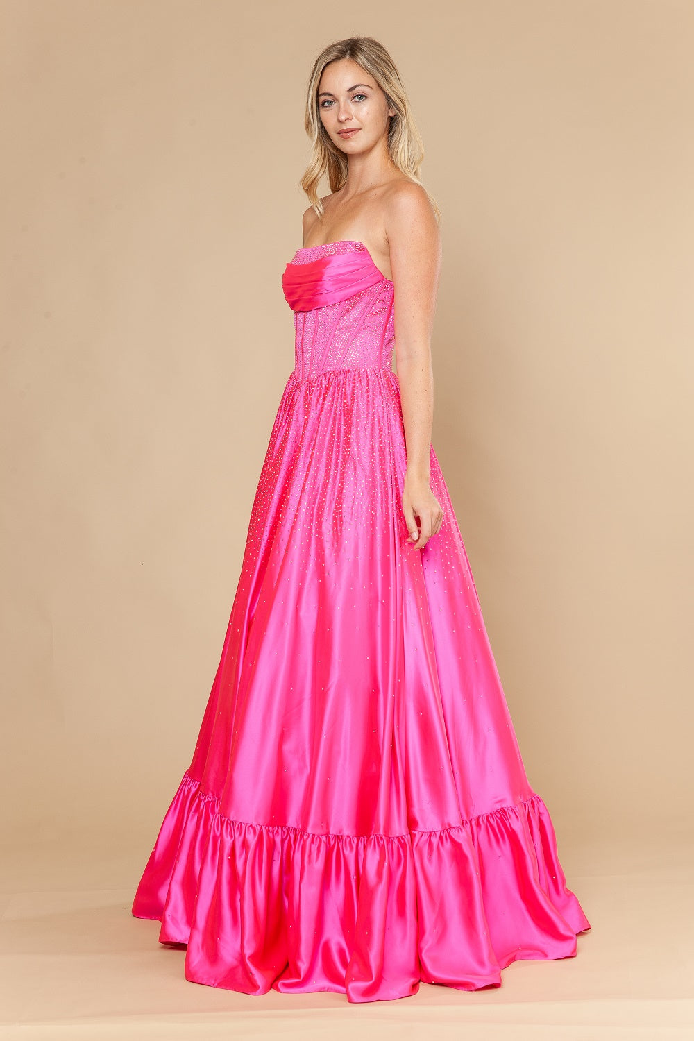 Beaded Satin Strapless A-line Gown by Poly USA 25134