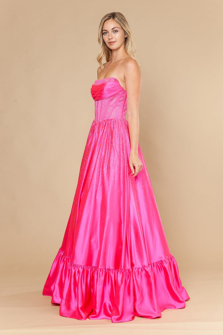 Beaded Satin Strapless A-line Gown by Poly USA 25134