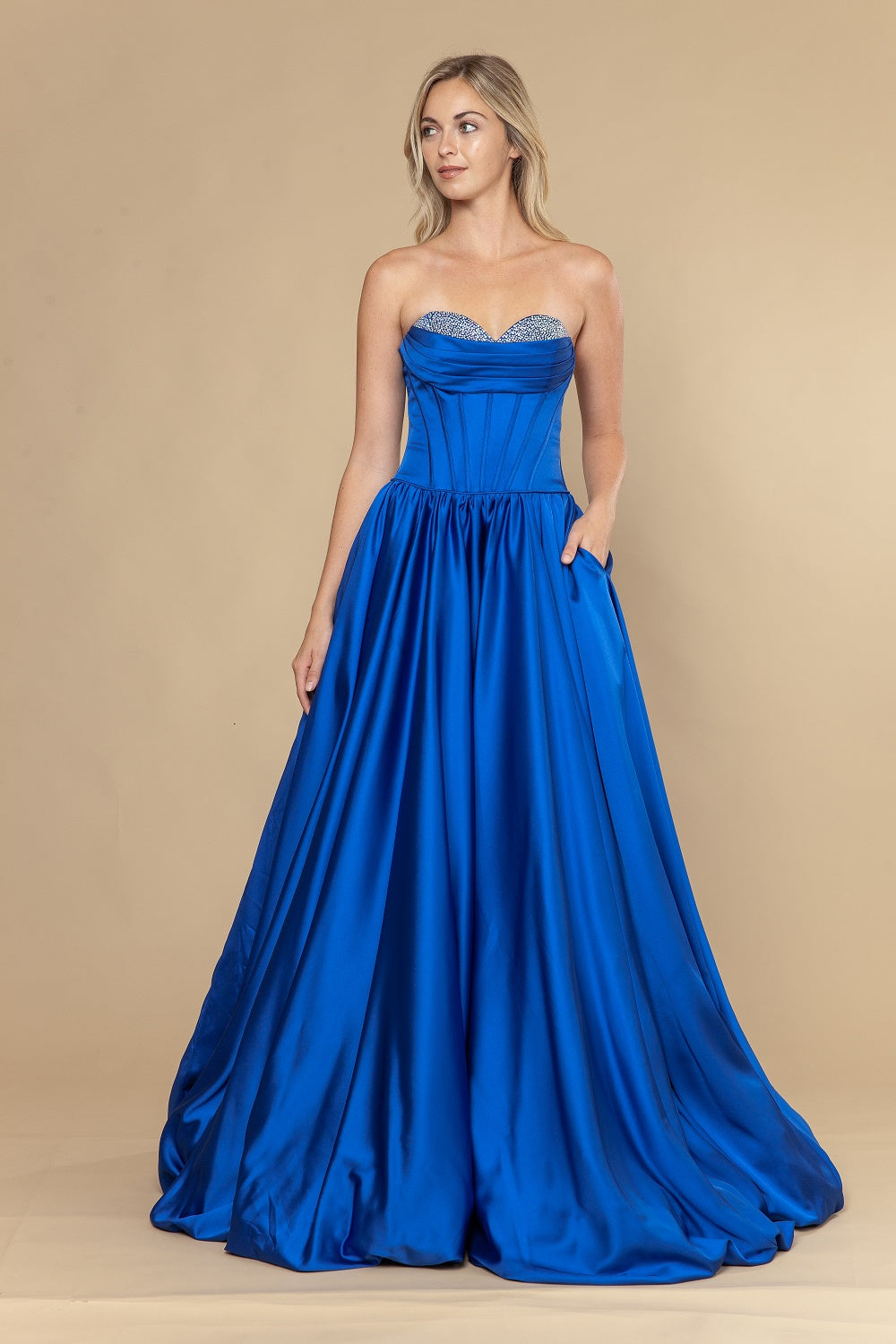 Satin Strapless A-line Gown by Poly USA 25136