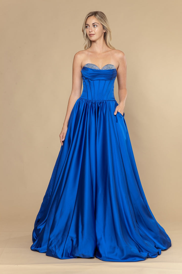 Satin Strapless A-line Gown by Poly USA 25136