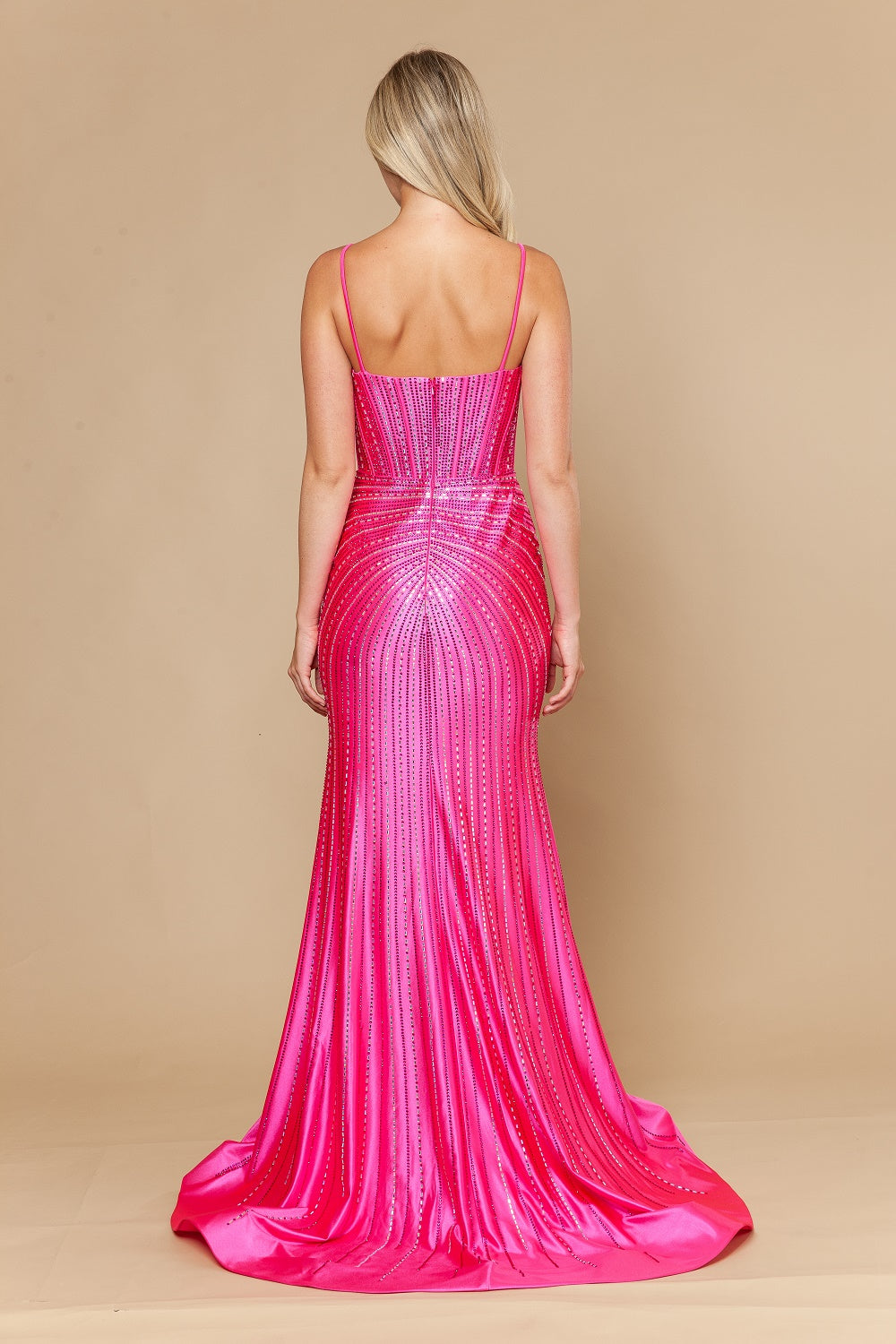 Beaded Satin Sleeveless Slit Gown by Poly USA 25146