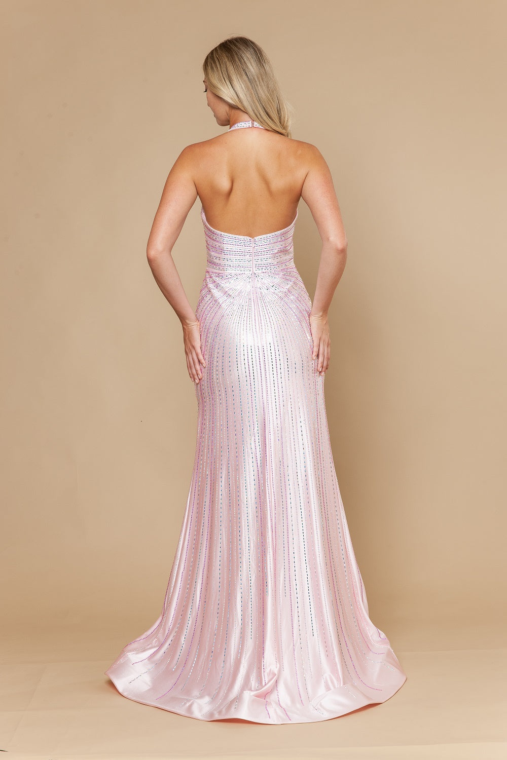 Beaded Satin Halter Slit Gown by Poly USA 25148