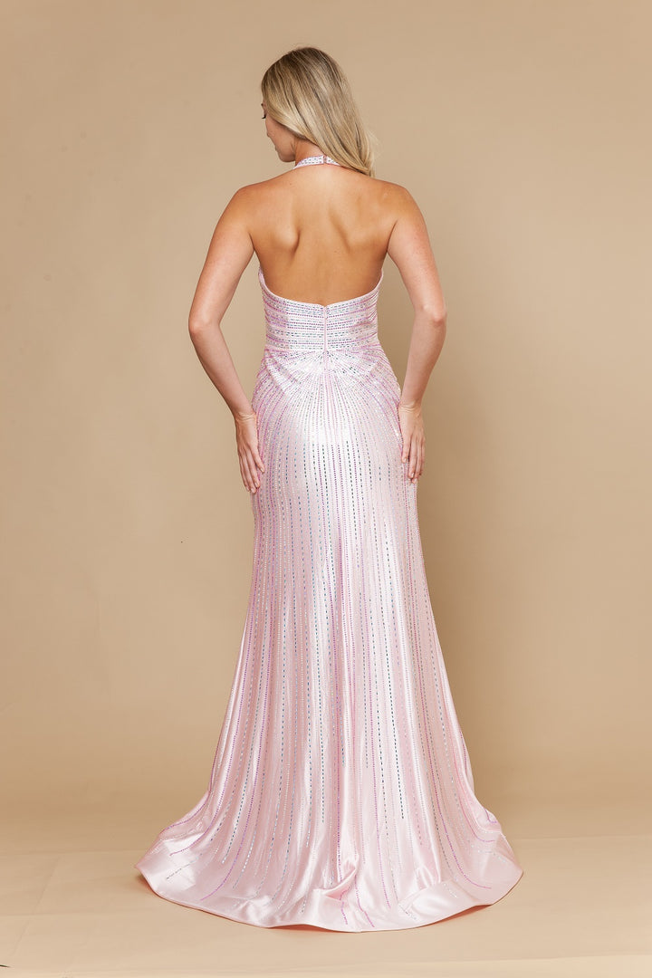 Beaded Satin Halter Slit Gown by Poly USA 25148