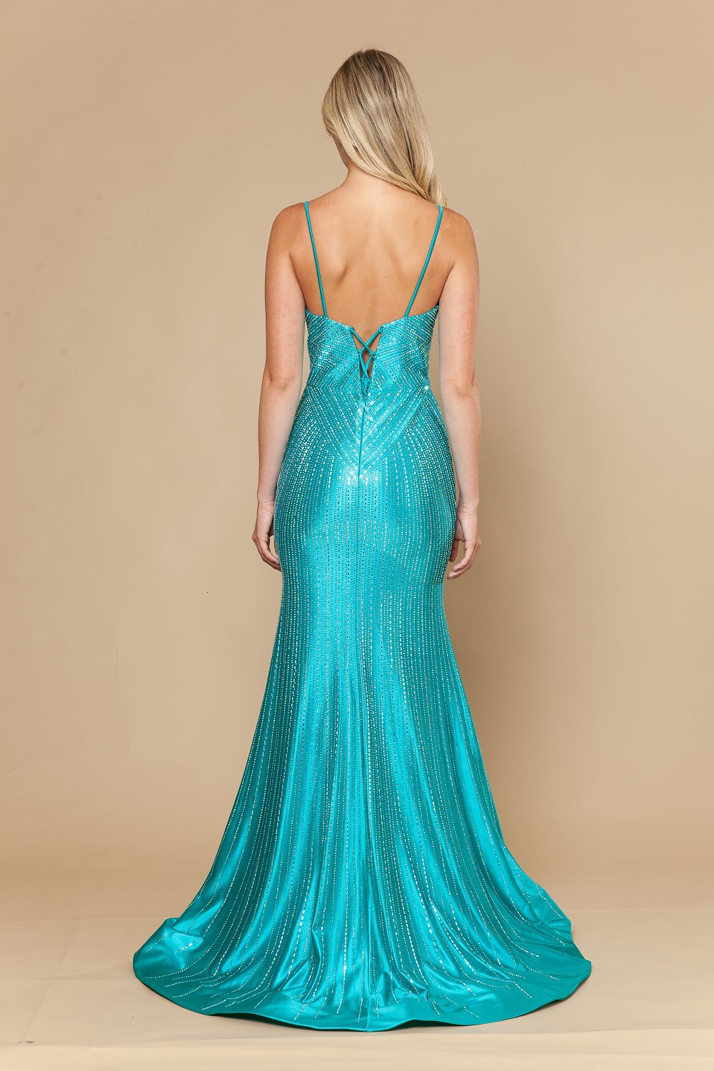Beaded Satin V-Neck Slit Gown by Poly USA 25150