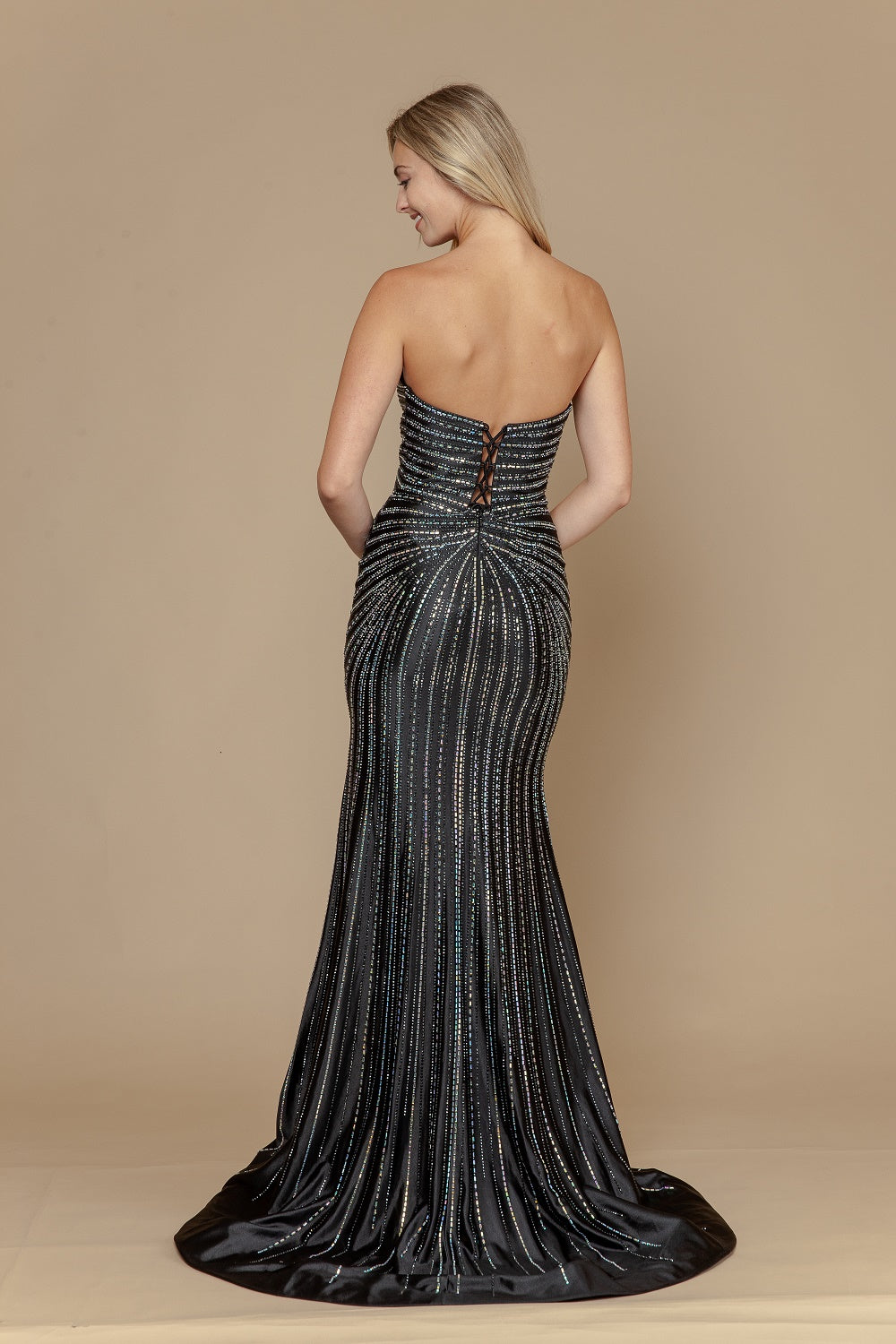 Beaded Satin Strapless Slit Gown by Poly USA 25152