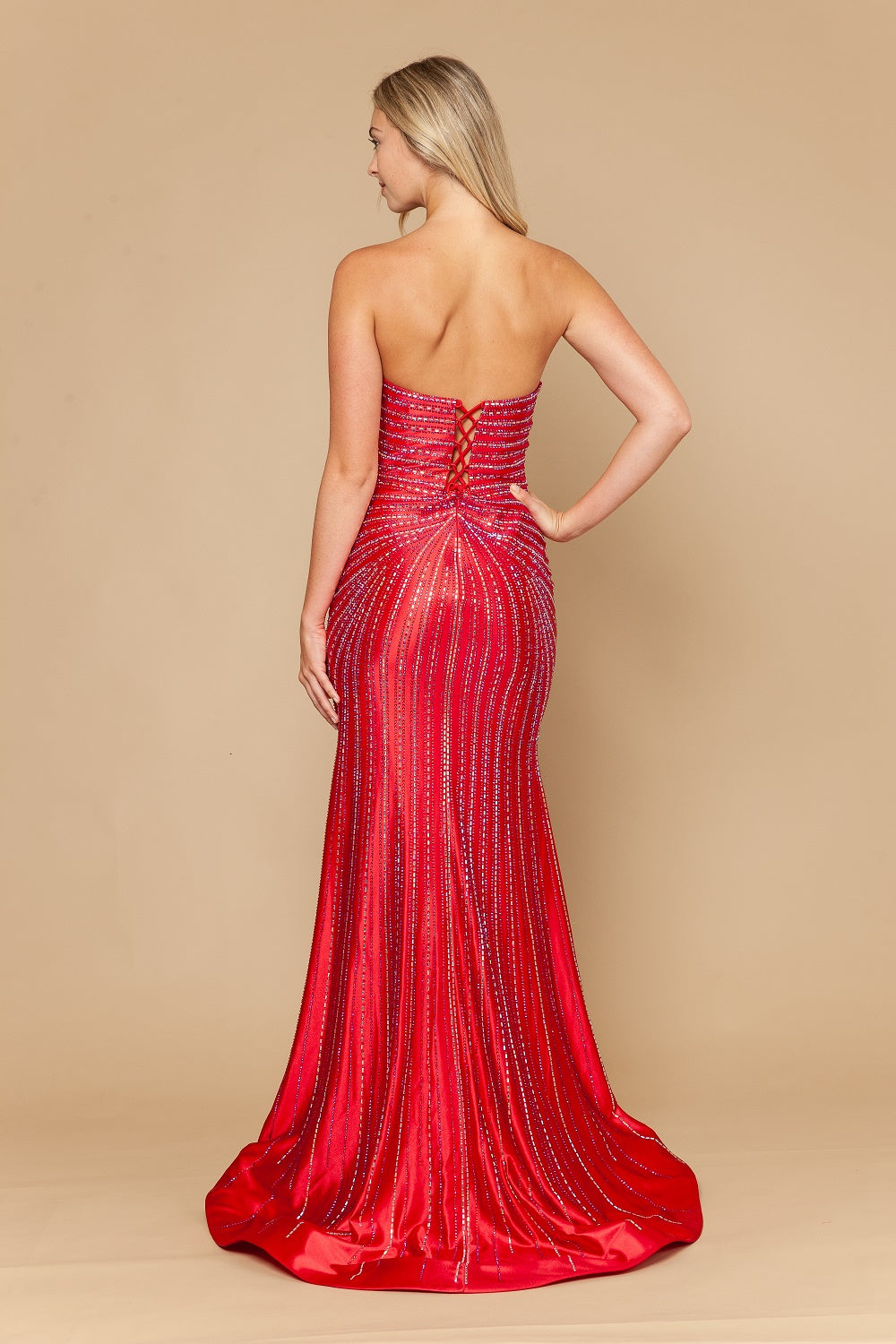 Beaded Satin Strapless Slit Gown by Poly USA 25152
