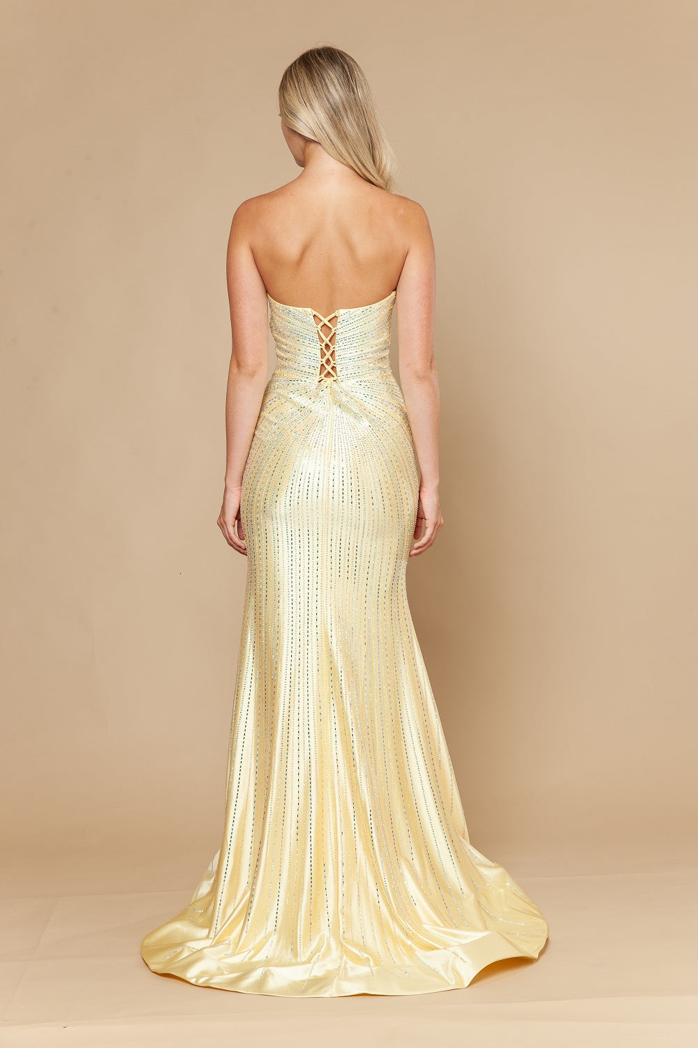 Beaded Satin Strapless Slit Gown by Poly USA 25154