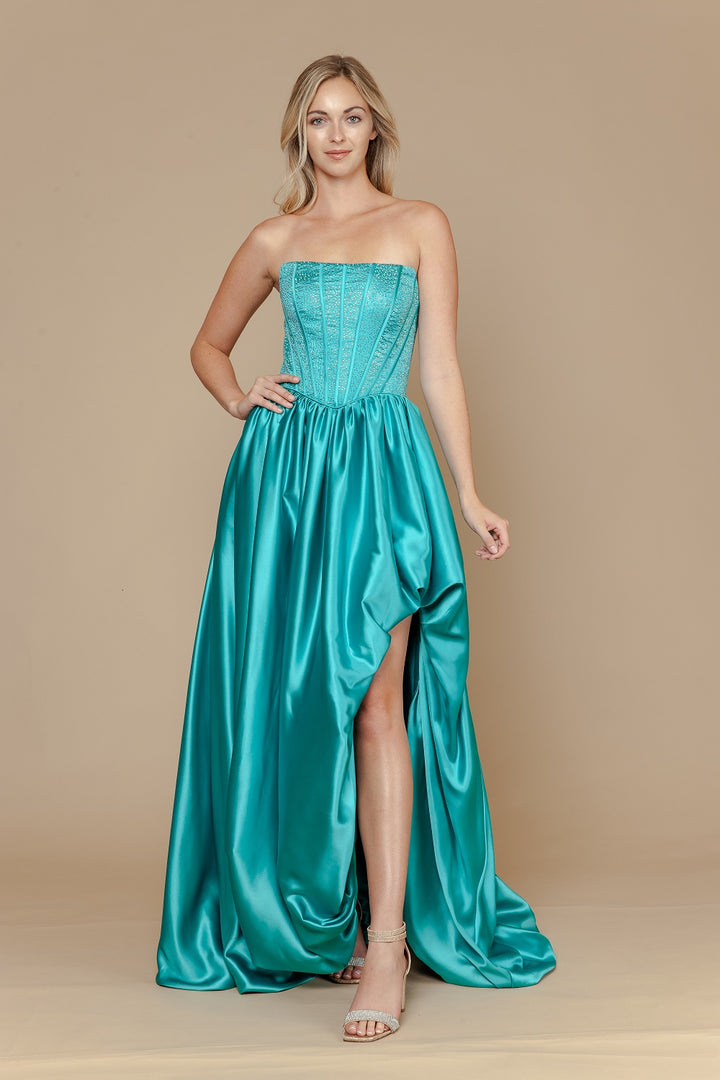 Satin Strapless A-line Slit Gown by Poly USA 25156