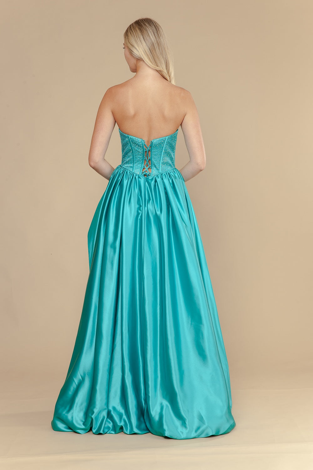 Satin Strapless A-line Slit Gown by Poly USA 25156