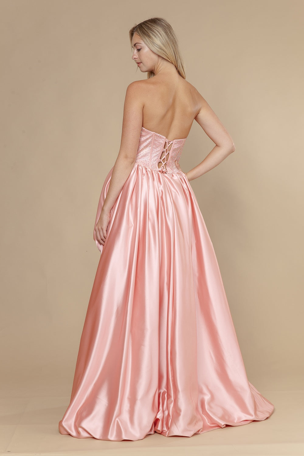 Satin Strapless A-line Slit Gown by Poly USA 25156