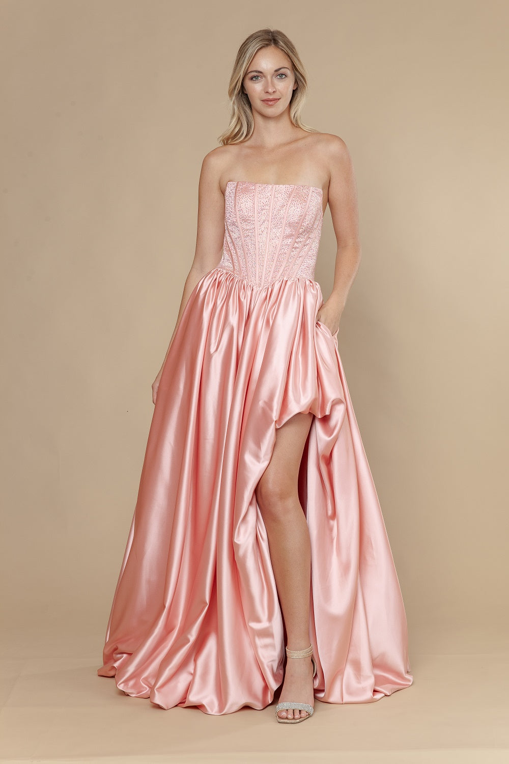 Satin Strapless A-line Slit Gown by Poly USA 25156
