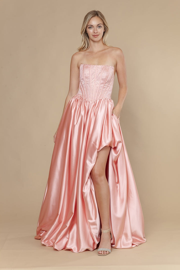 Satin Strapless A-line Slit Gown by Poly USA 25156