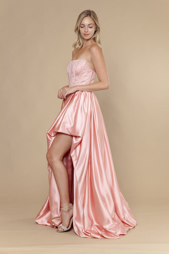 Satin Strapless A-line Slit Gown by Poly USA 25156