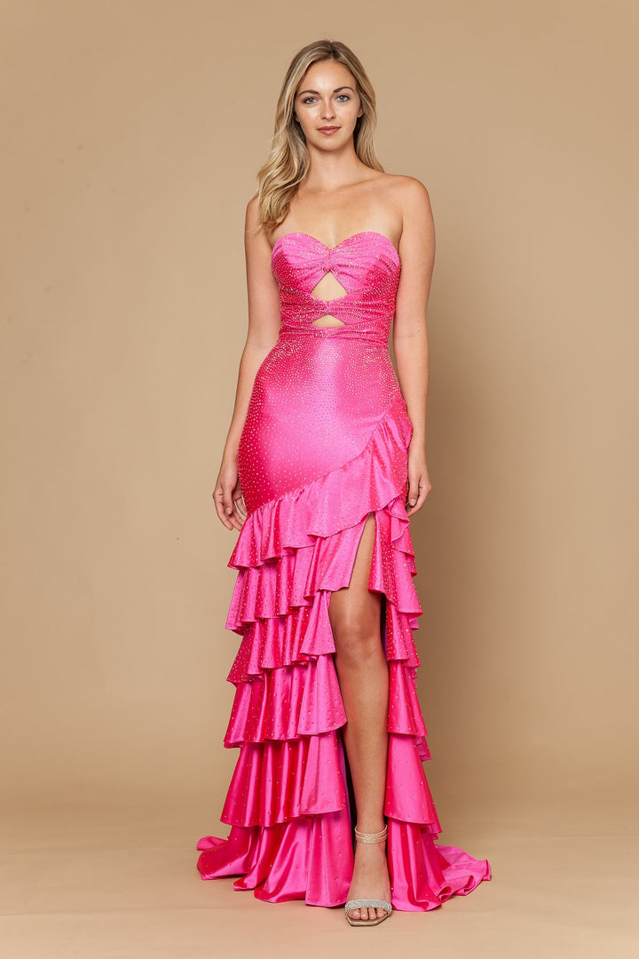 Beaded Strapless Tiered Slit Gown by Poly USA 25158