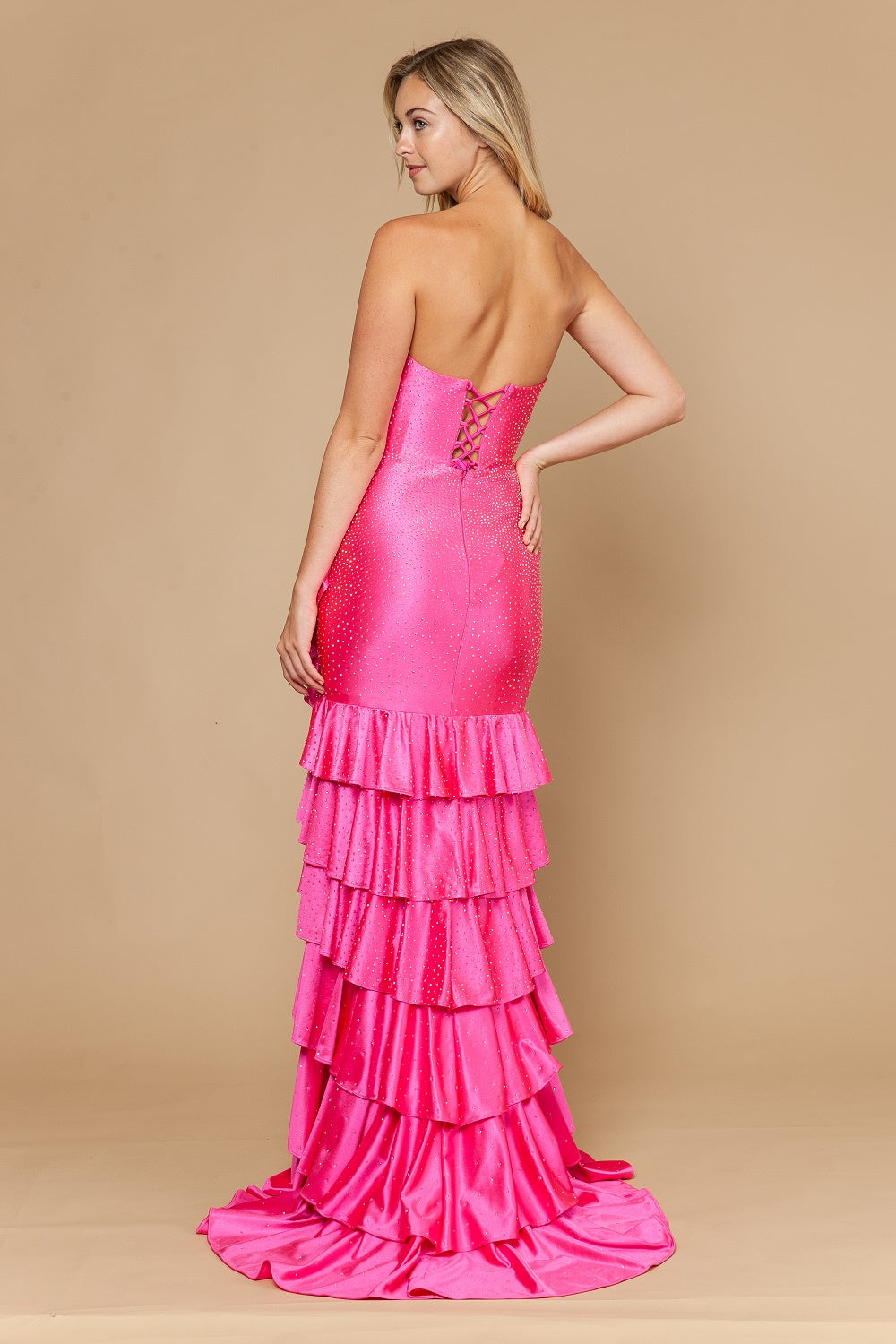 Beaded Strapless Tiered Slit Gown by Poly USA 25158