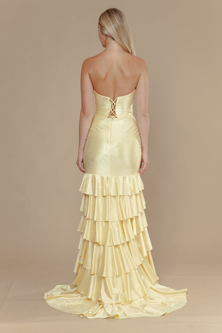 Beaded Strapless Tiered Slit Gown by Poly USA 25158