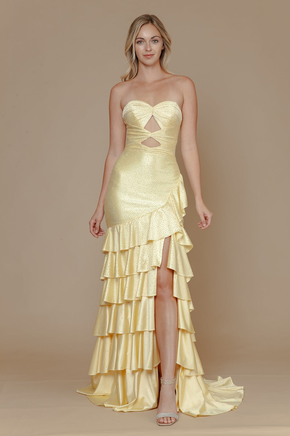 Beaded Strapless Tiered Slit Gown by Poly USA 25158