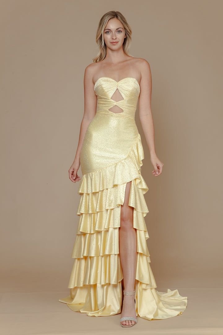Beaded Strapless Tiered Slit Gown by Poly USA 25158