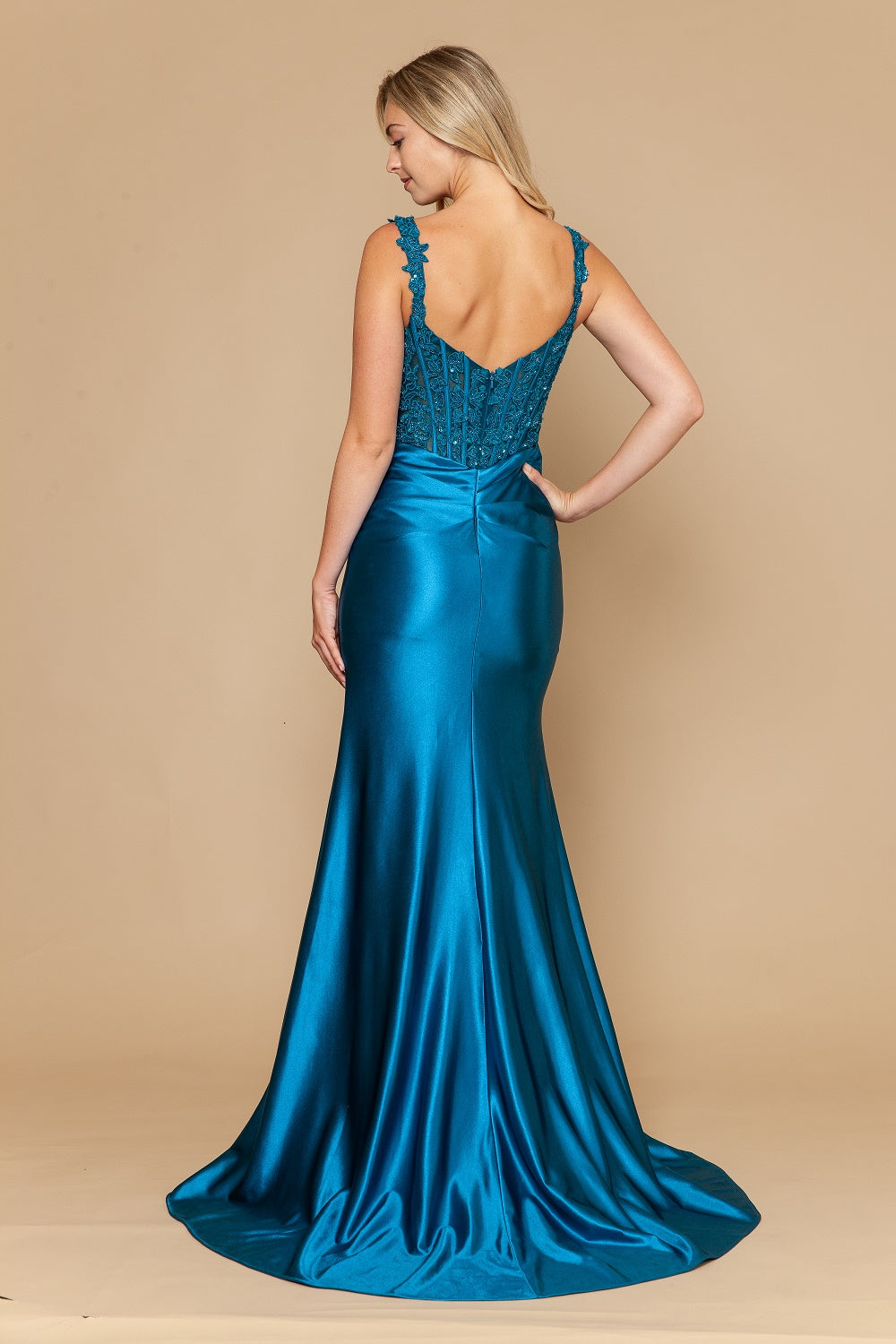 Applique Satin Sleeveless Slit Gown by Poly USA 25160