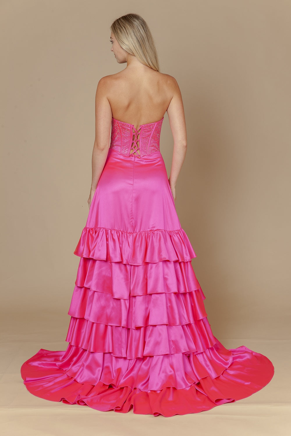 Satin Strapless Tiered Slit Gown by Poly USA 25162