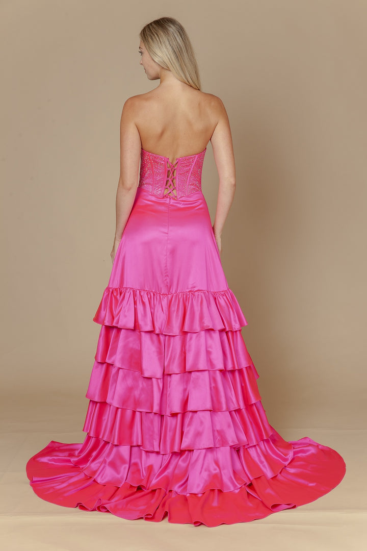 Satin Strapless Tiered Slit Gown by Poly USA 25162