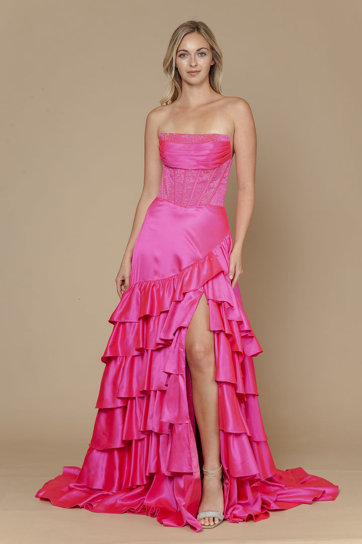 Satin Strapless Tiered Slit Gown by Poly USA 25162