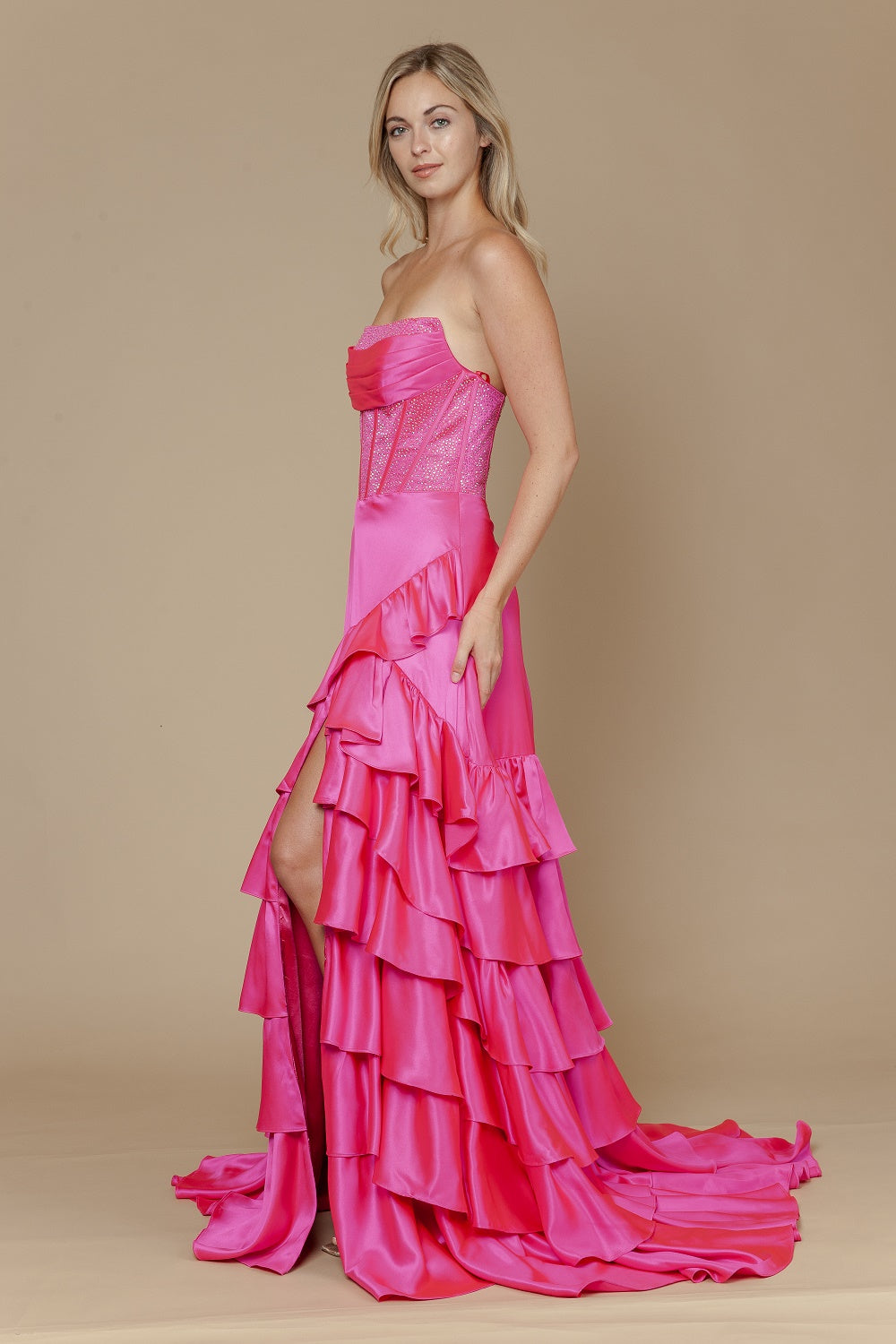 Satin Strapless Tiered Slit Gown by Poly USA 25162