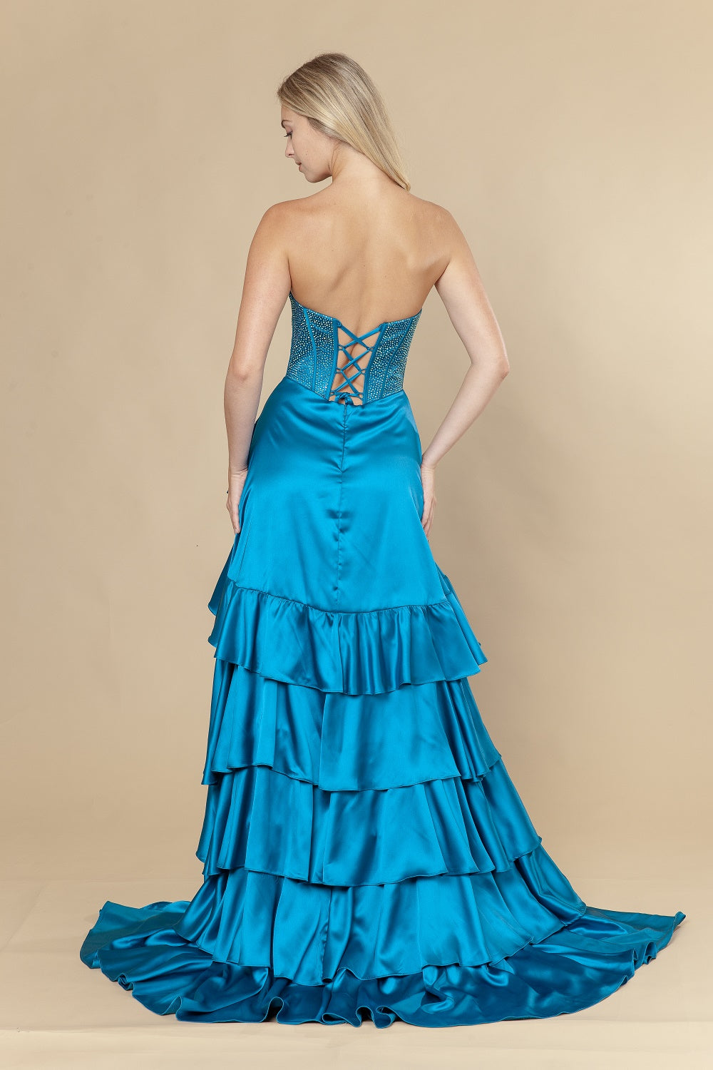 Satin Strapless Tiered Slit Gown by Poly USA 25162