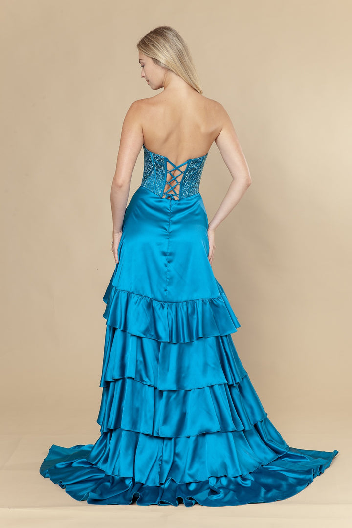 Satin Strapless Tiered Slit Gown by Poly USA 25162