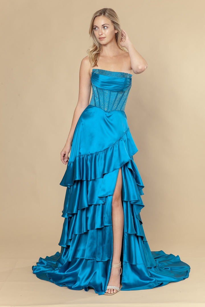 Satin Strapless Tiered Slit Gown by Poly USA 25162