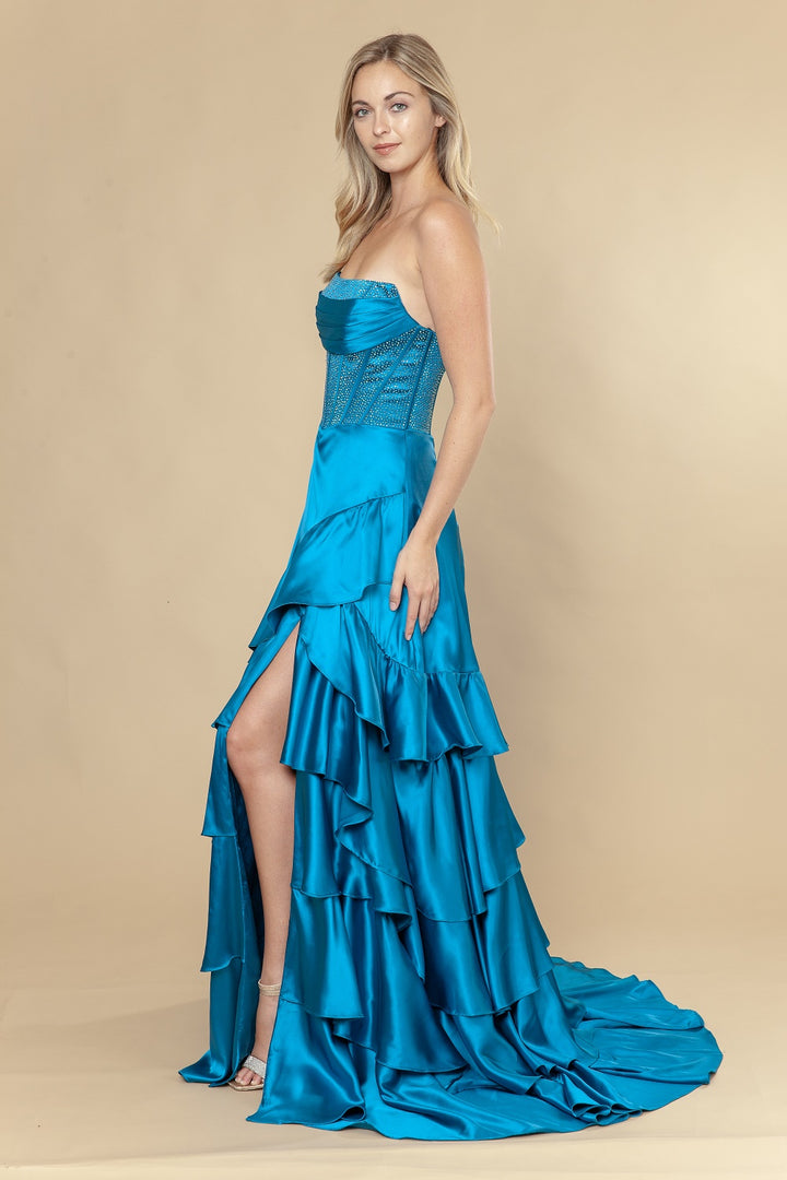 Satin Strapless Tiered Slit Gown by Poly USA 25162