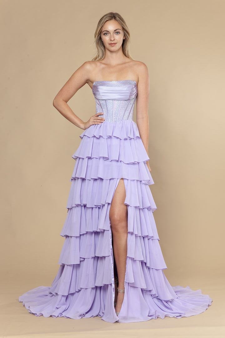 Strapless A-line Tiered Slit Gown by Poly USA 25168