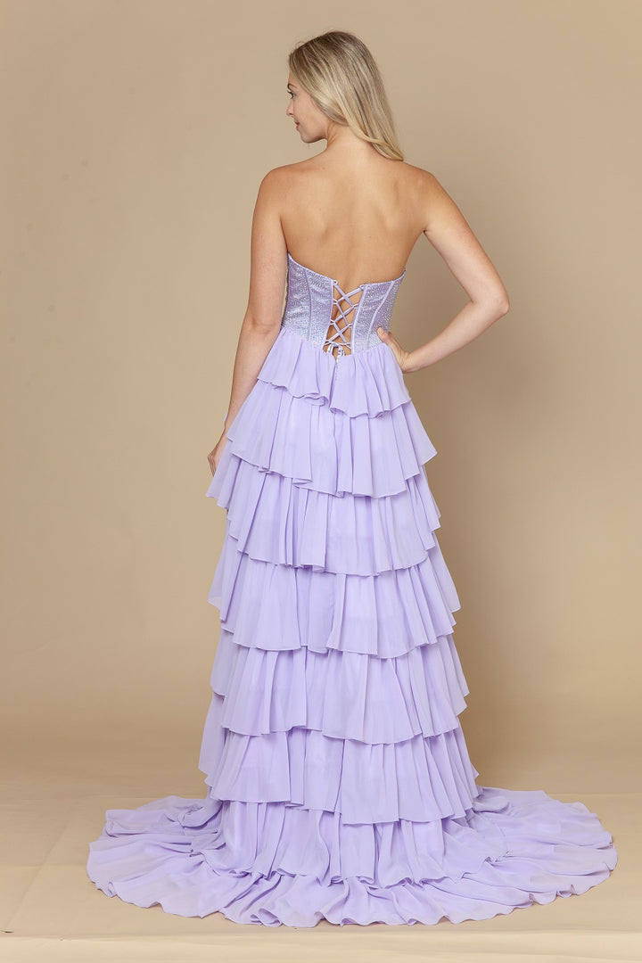 Strapless A-line Tiered Slit Gown by Poly USA 25168