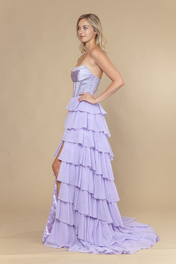 Strapless A-line Tiered Slit Gown by Poly USA 25168
