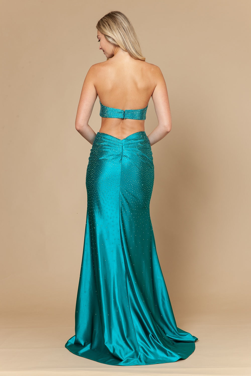 Beaded Satin Strapless Slit Gown by Poly USA 25174