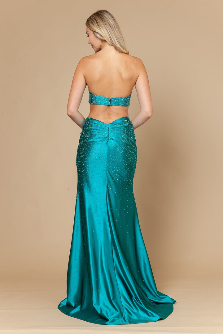 Beaded Satin Strapless Slit Gown by Poly USA 25174